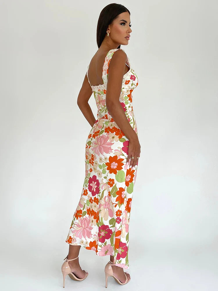 Floral Print Backless V-neck Bodycon Maxi Floral Dress