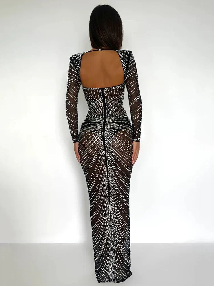 Rhinestone Sweetheart Long Sleeve Sheer Mesh Maxi Dress 5