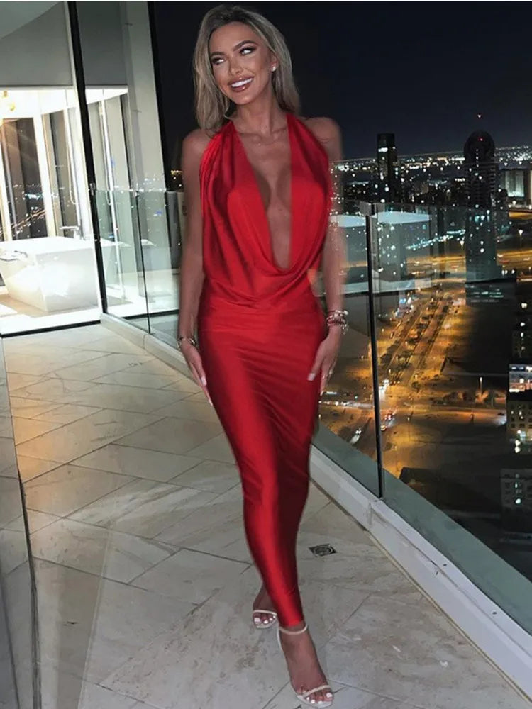 Satin Deep V Neck Sleeveless Maxi Christmas Party Dress - Fashionpara