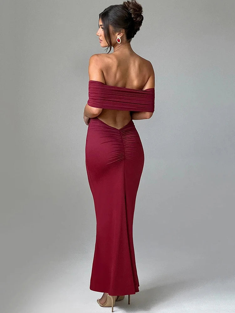 Sexy Strapless Backless Maxi Dress - Solid Off-shoulder Sleeveless Bodycon Christmas Party Dress - Fashionpara