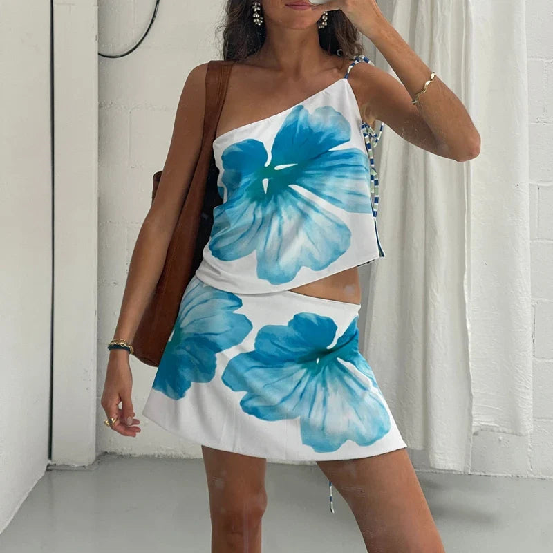 Multi-wear style Floral Print Mini Skirt Crop Tops Women Slim Low Waist Side Split Tie-Up Bodycon Skirt Y2K Vintage Streetwear