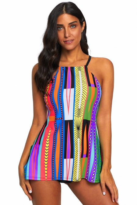 Multicolor Patterned 2 Piece Cami Tankini