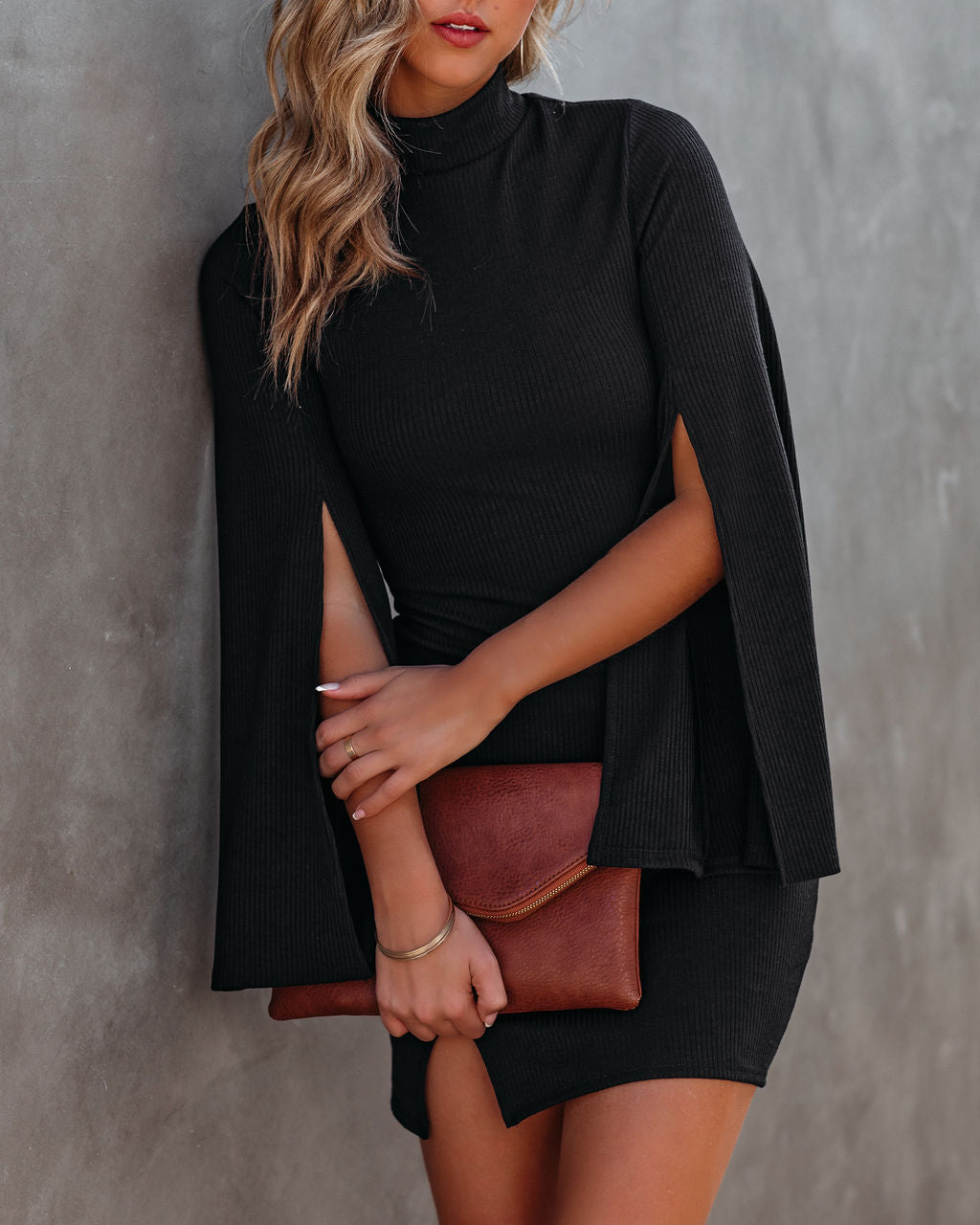 Ribbed Knit High Neck Cape Sleeve Bodycon Mini Dress