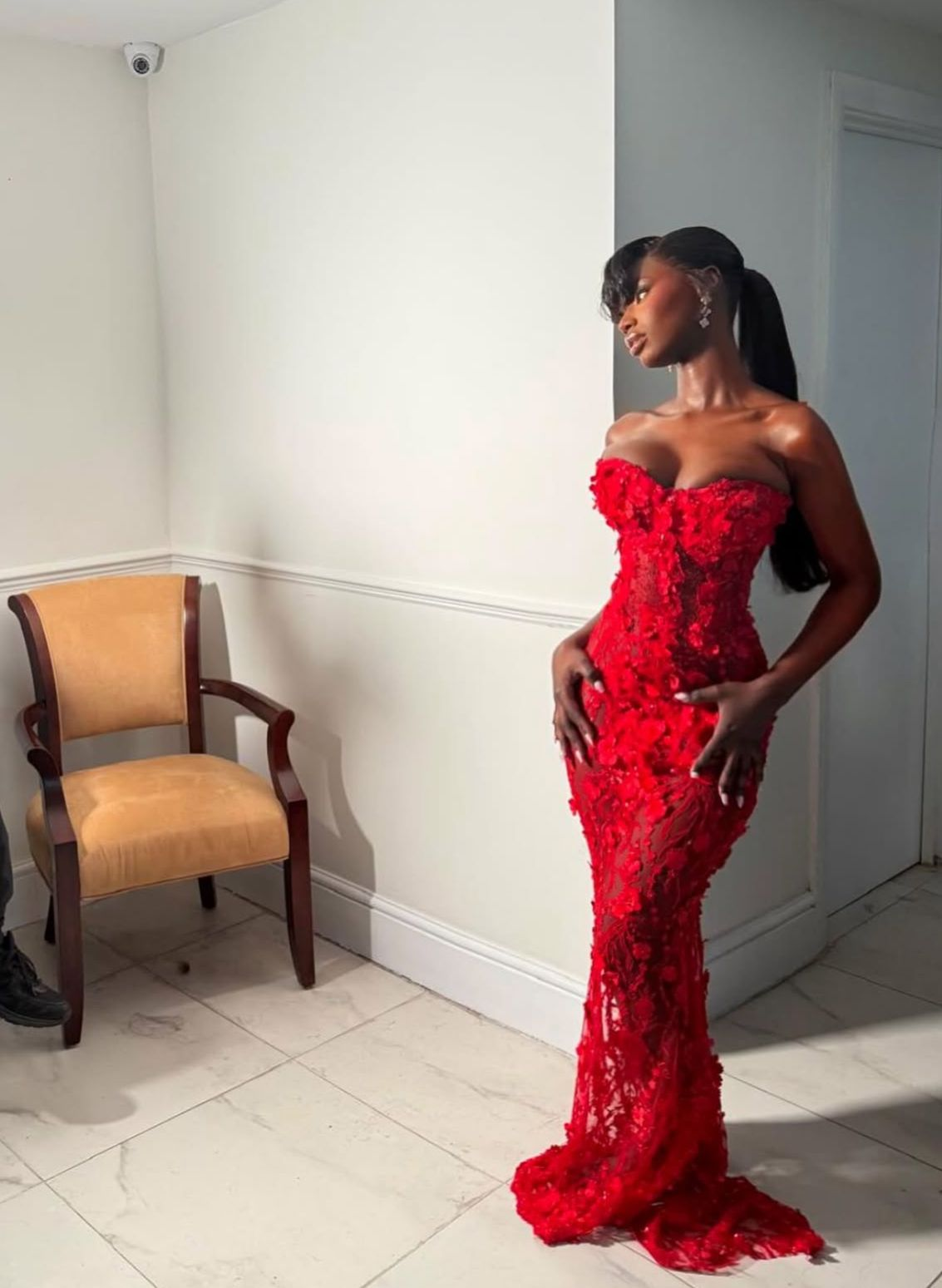 Gorgeous Strapless Red Lace Appliques Mermaid Party Dress Evening Dress D1295