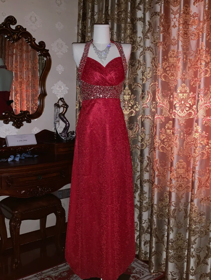 Glitter Halter Red Tulle Sequin Beaded A Line Long Party Dress Evening Dress D1713