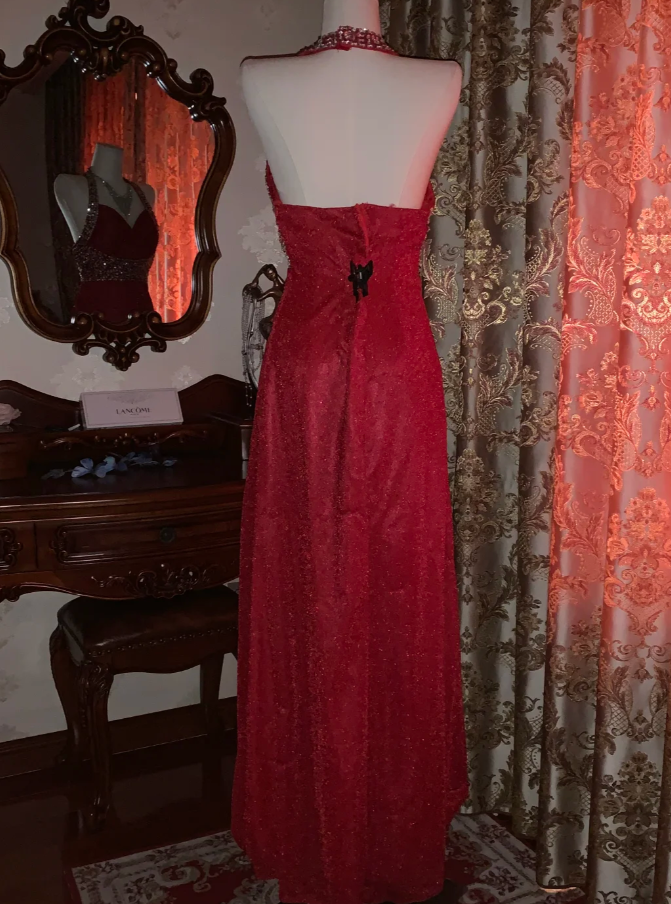 Glitter Halter Red Tulle Sequin Beaded A Line Long Party Dress Evening Dress D1713