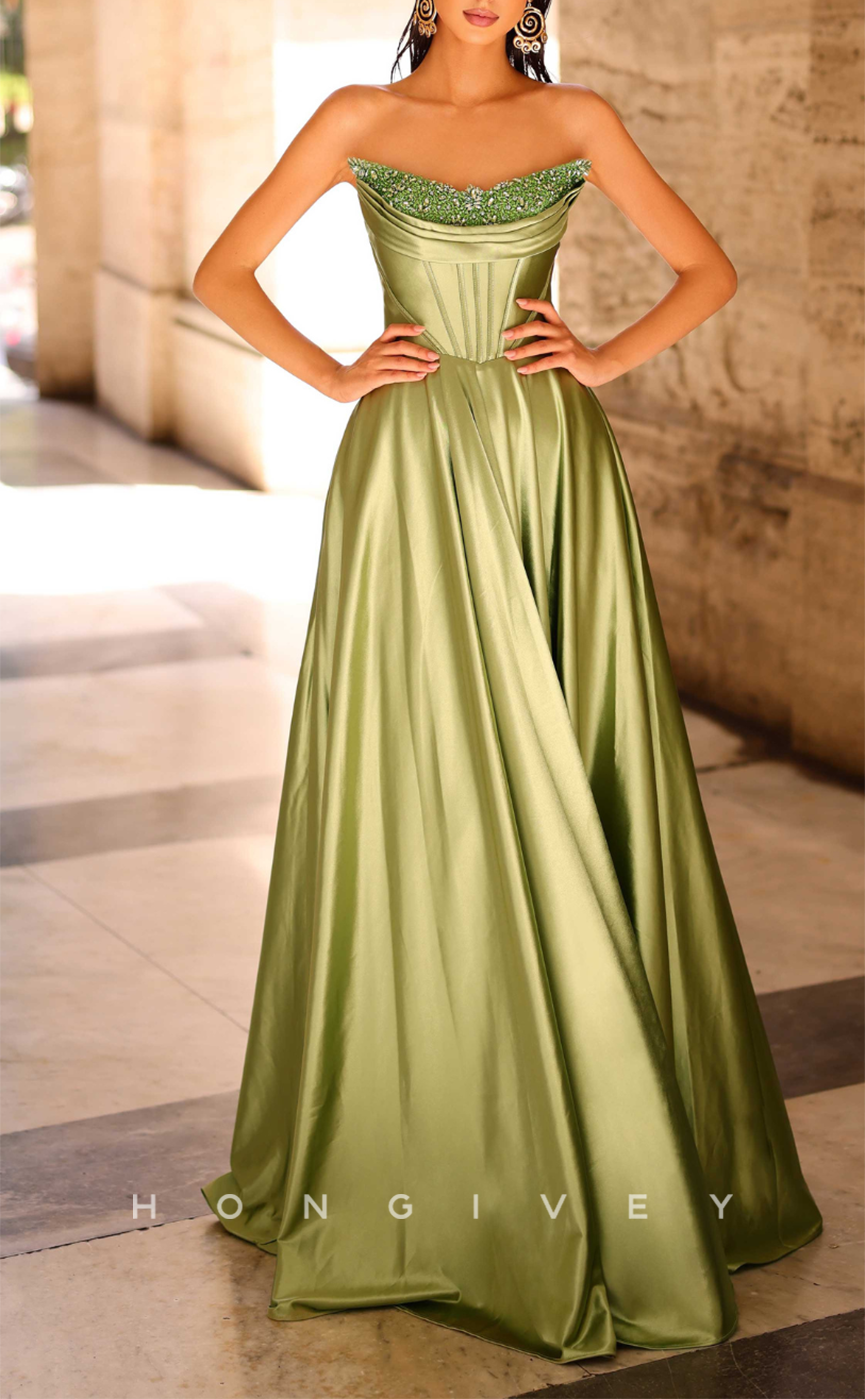 L2942 - A-Line Bateau Strapless Beaded Party Prom Evening Dress - Fashionpara