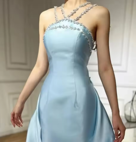 Gorgeous Blue Sleeveless Satin Beaded Mermaid Long Prom Dress Evening Gown D1080