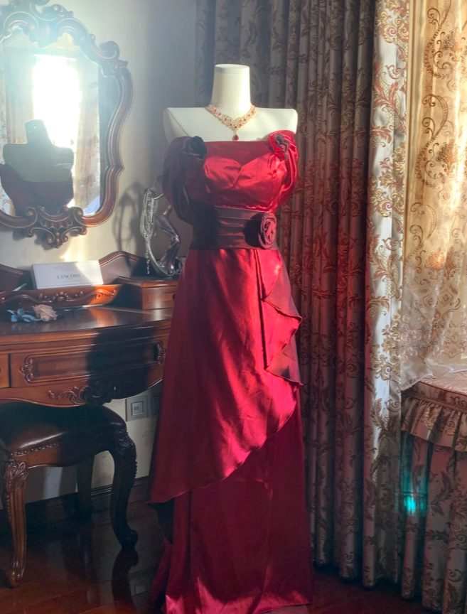 Stylish Burgundy Satin Ruffles Long Party Dress Evening Gown D1777