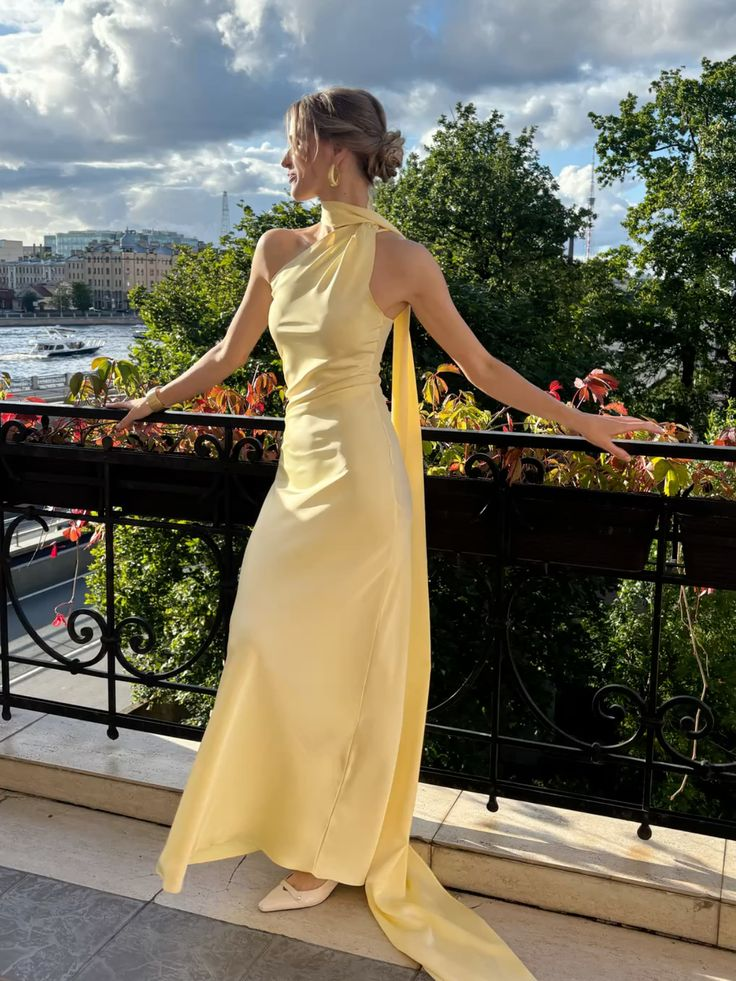 Simple Yellow Halter Satin Mermaid Long Wedding Guest Dress Party Dress D1371