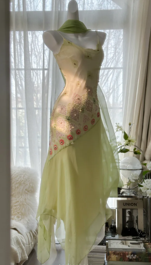 Classy Spaghetti Straps Light Green Chiffon Beaded Mermaid Long Party Dress Evening Gown D1790