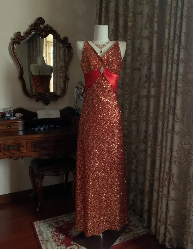 Vintage Red V Neck Sequin Beaded Mermaid Party Dress Long Evening Gown D1724