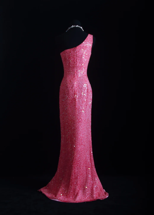 Gorgeous Pink One Shoulder Sequin Beaded Slit Mermaid Long Party Dress Evening Gown D1681