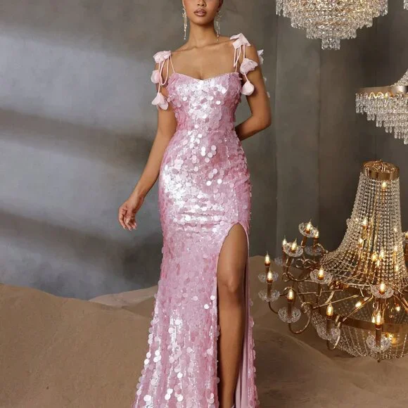 Sparkly Spaghetti Straps Pink Sequin Mermaid Slit Evening Dress Long Birthday Party Dress D1578