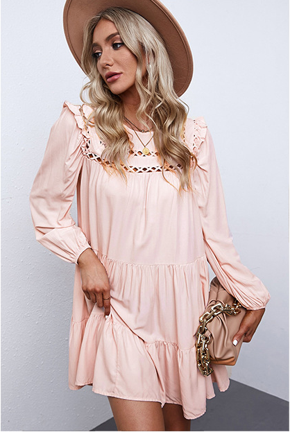 Square Neck Long Sleeve Crochet Trim Tiered Mini Dress