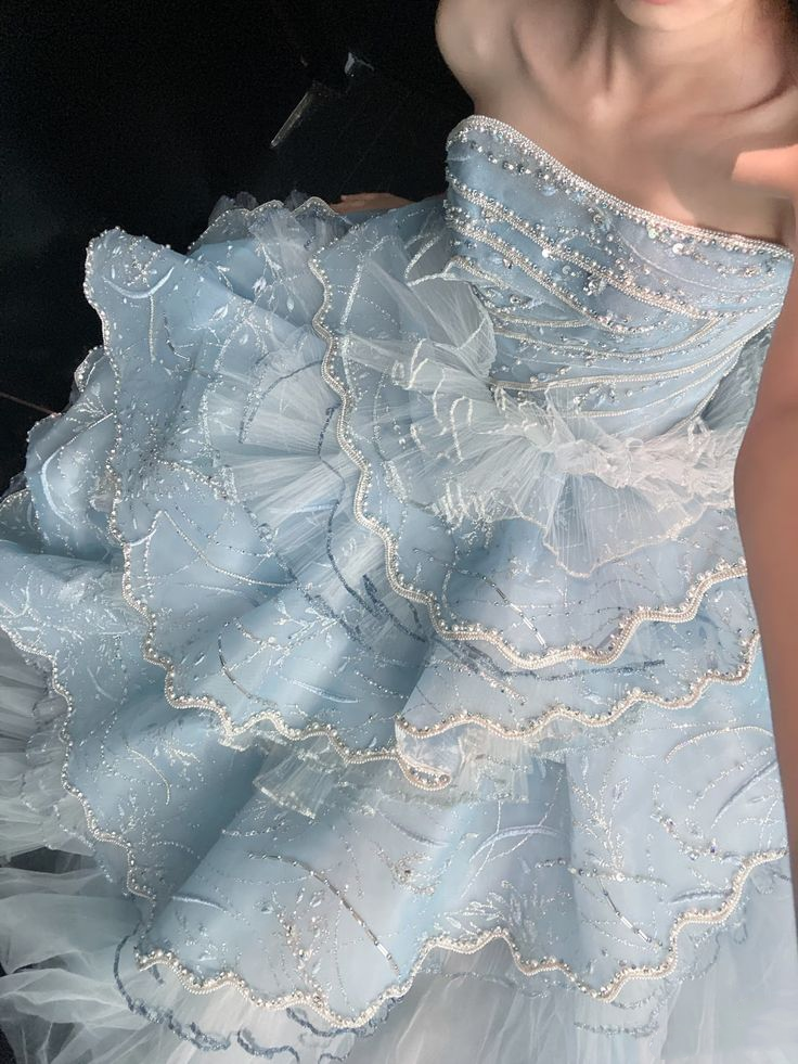 Charming Strapless Blue Tulle Beaded Layered Ball Gown Formal Birthday Party Dress D1573