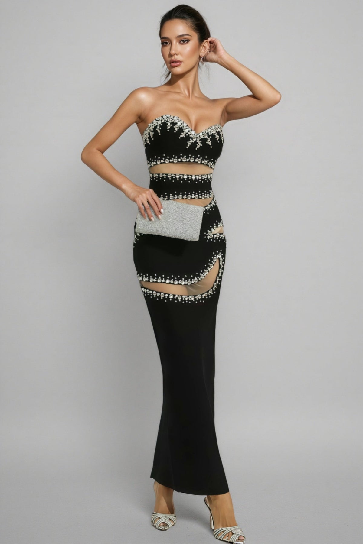 Elioed Black Beading Mesh Bandage Maxi Dress - View 4