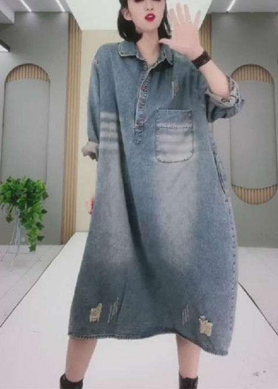 Denim Collared Button Chest Pocket Distressed Hem Midi Dress