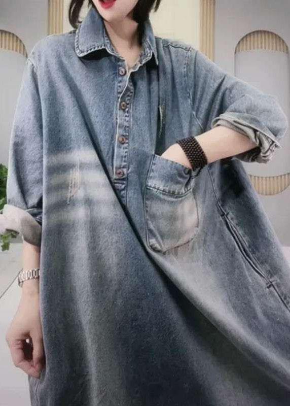 Denim Collared Button Chest Pocket Distressed Hem Midi Dress - View 2