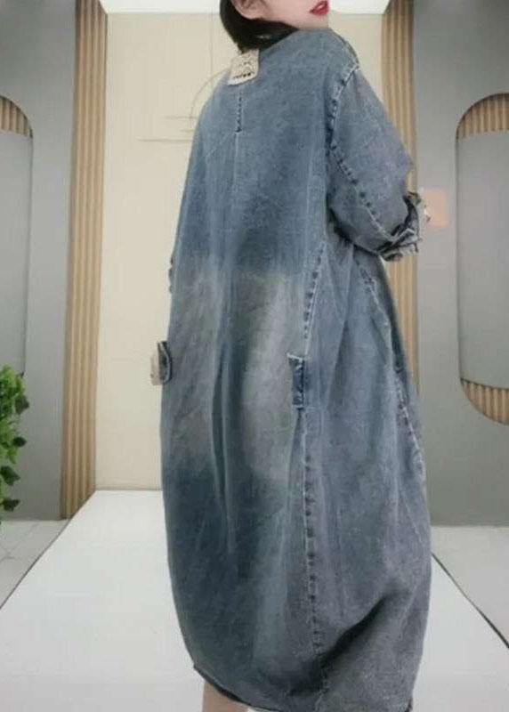 Denim Collared Button Chest Pocket Distressed Hem Midi Dress - View 3