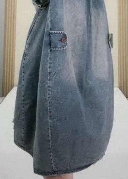 Denim Collared Button Chest Pocket Distressed Hem Midi Dress - View 5
