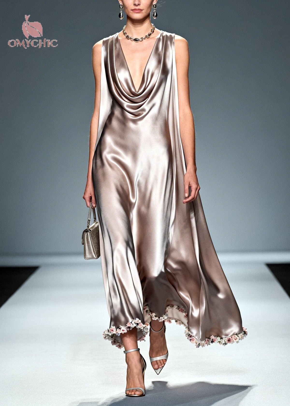 Floral Border Cowl Neck Cape Drape Sleeveless Satin Maxi Gown - View 3