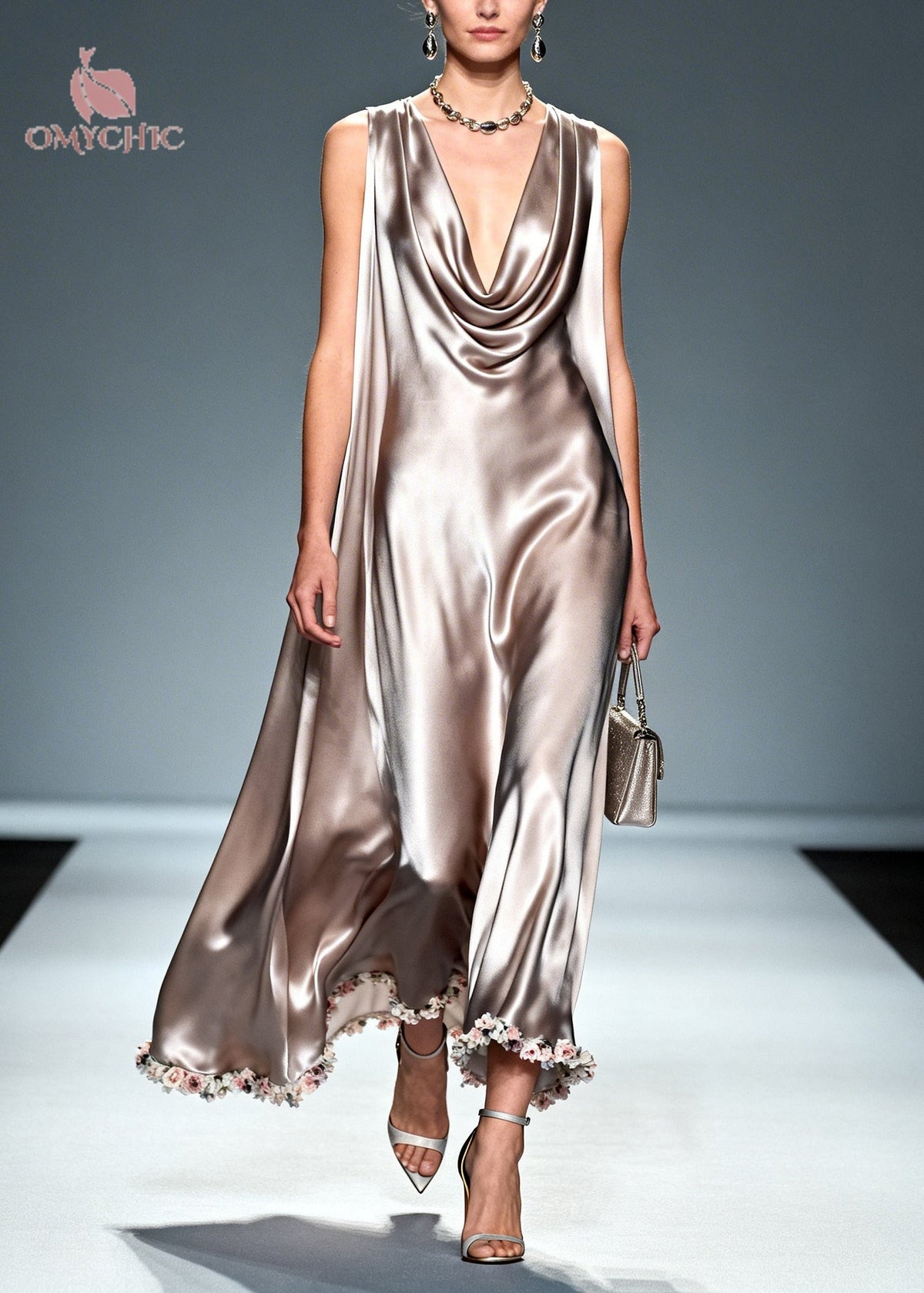 Floral Border Cowl Neck Cape Drape Sleeveless Satin Maxi Gown - View 5