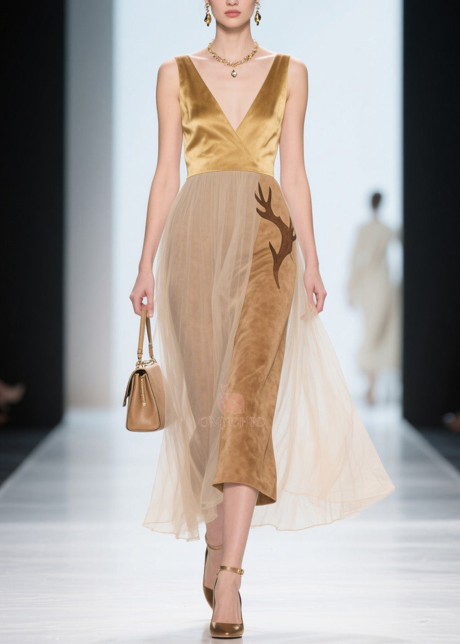 V-Neck Sleeveless Satin Velvet Antler Applique Tulle Midi Dress
