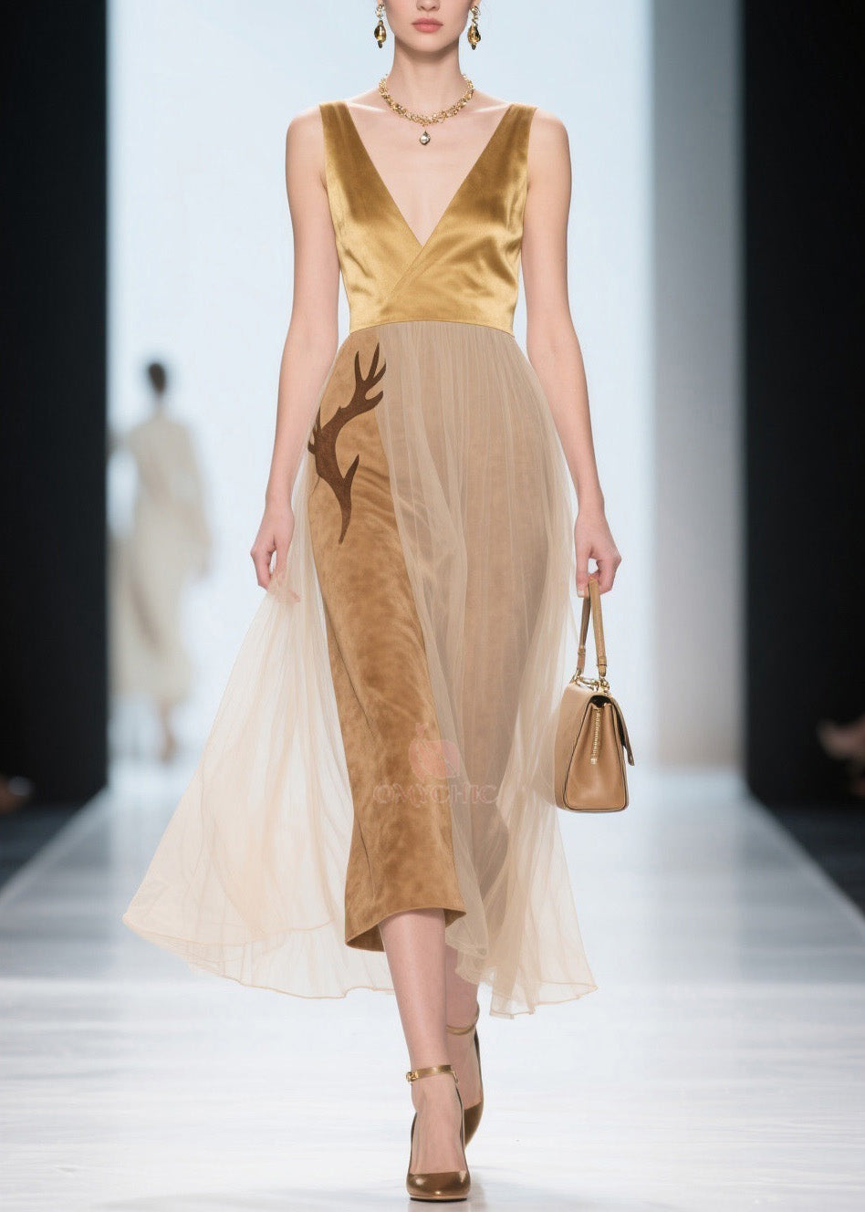 V-Neck Sleeveless Satin Velvet Antler Applique Tulle Midi Dress - View 3
