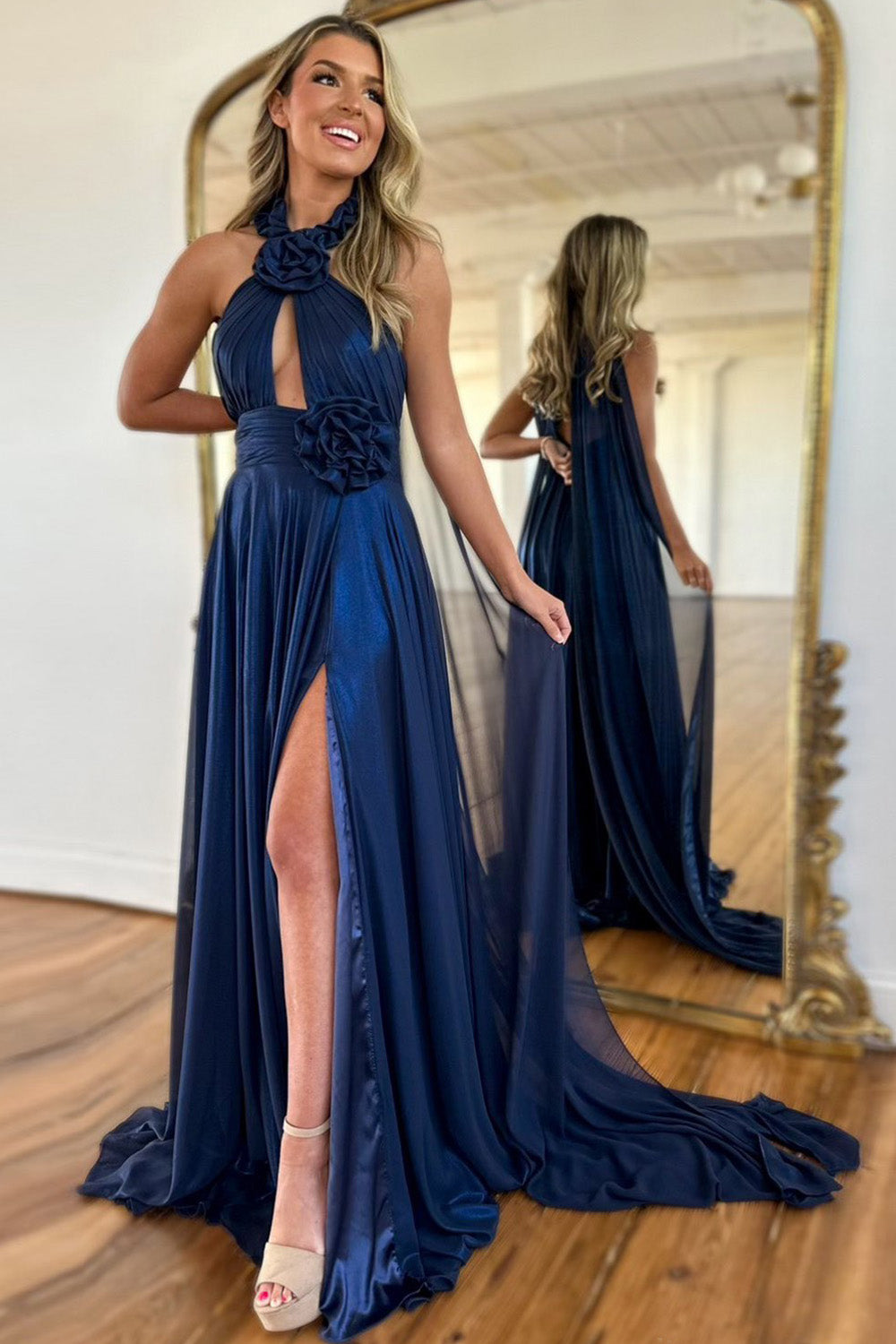 Navy A-Line Halter Neck Long Satin Prom Dress with Ribbons and Slit