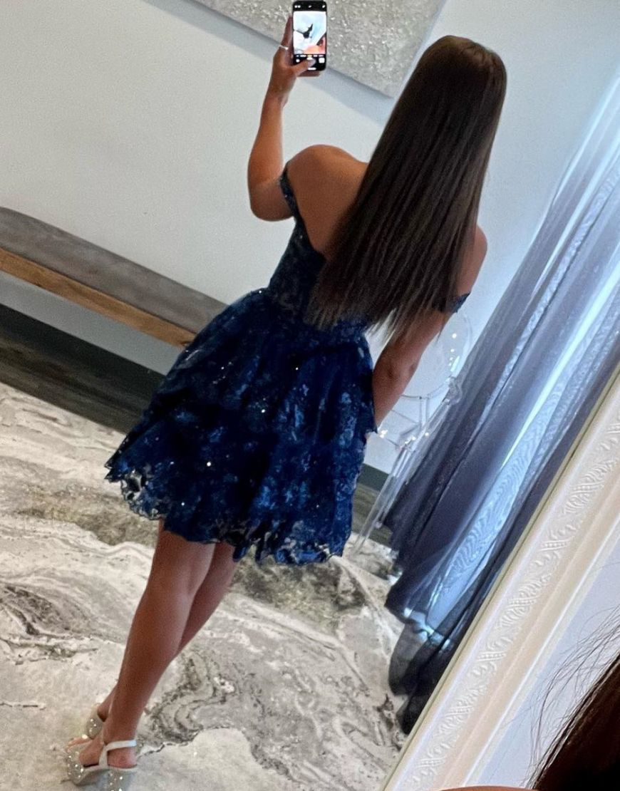 Stunning A-Line Off The Shoulder Tiered Glitter Homecoming Dress With Appliques