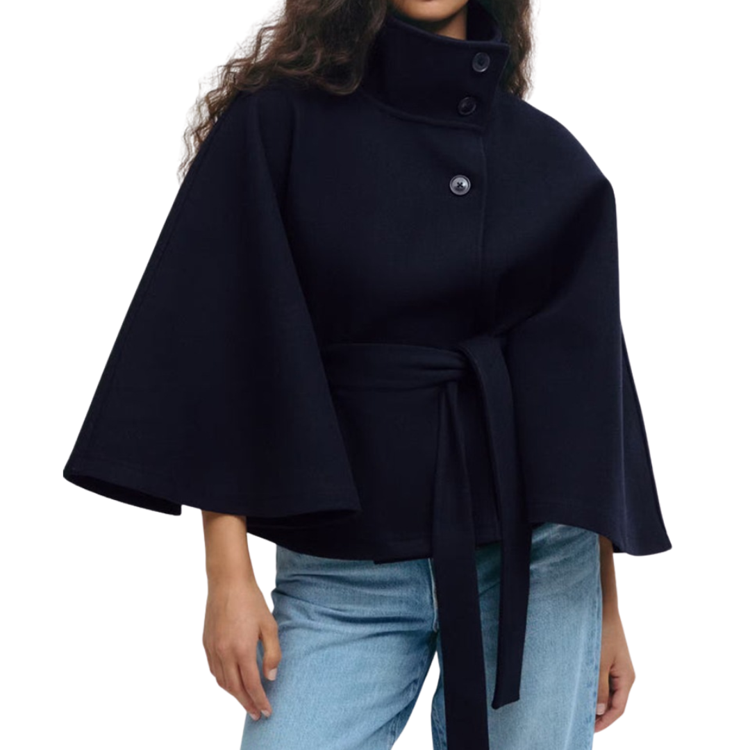 High Neck Button Belted Cape Coat 4