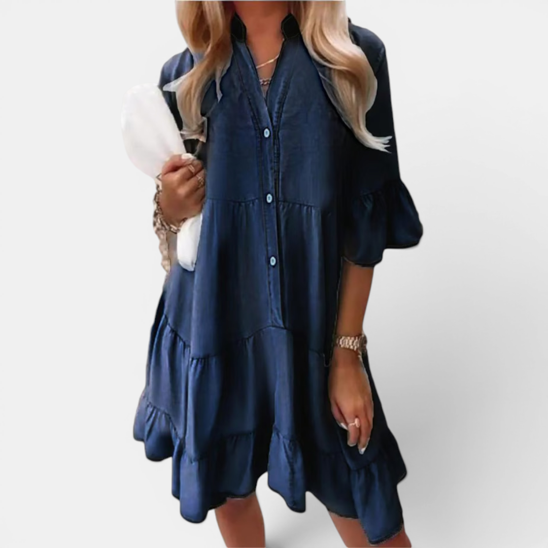 Denim-Look Button Front Roll Sleeve Tiered Midi Dress 4