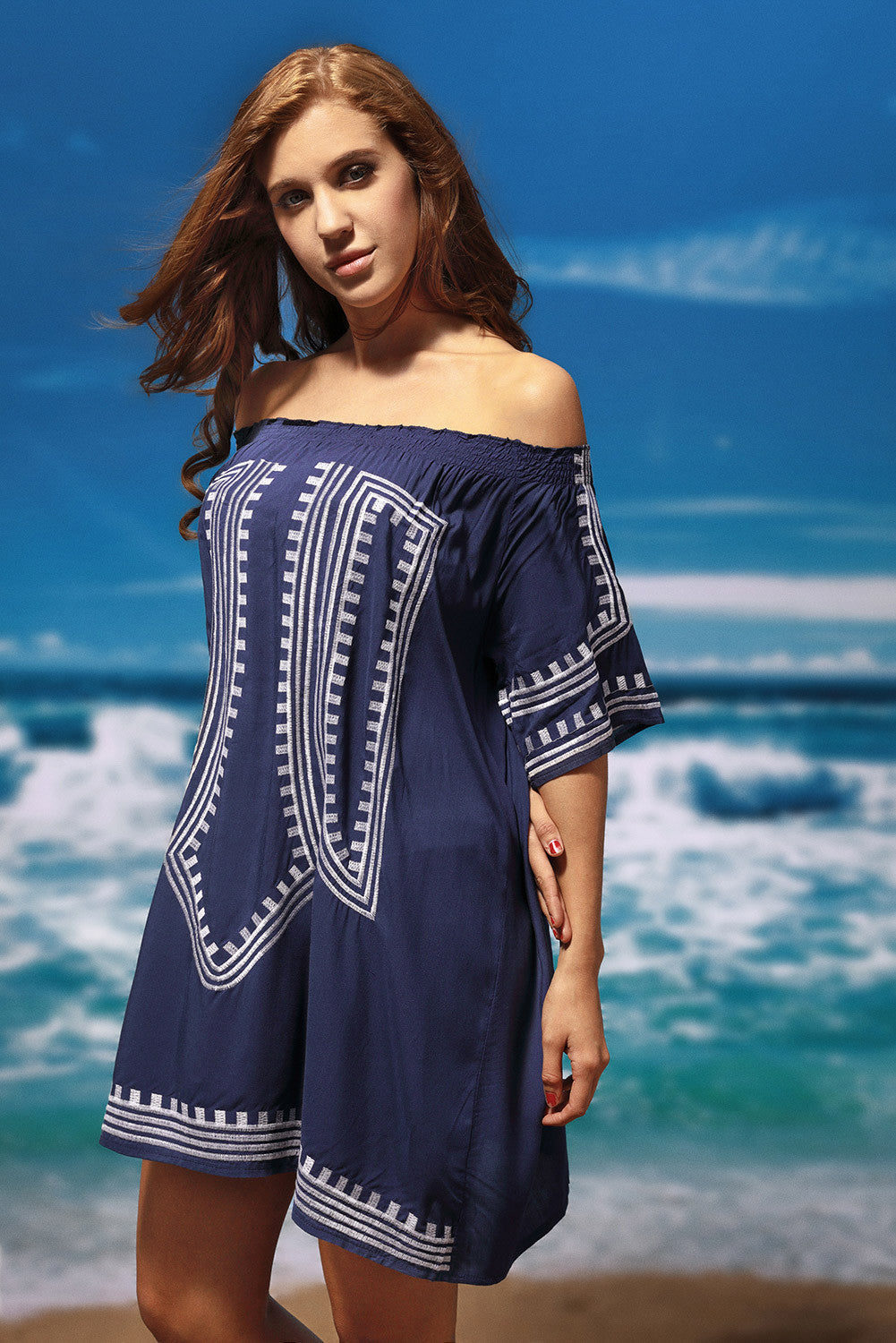 Navy Blue Bohemian Vibe Geometric Print Off The Shoulder Beach Dress