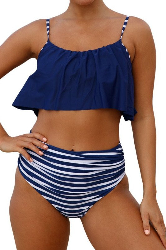 Navy Top and Striped Bottom High Waist Swimwear