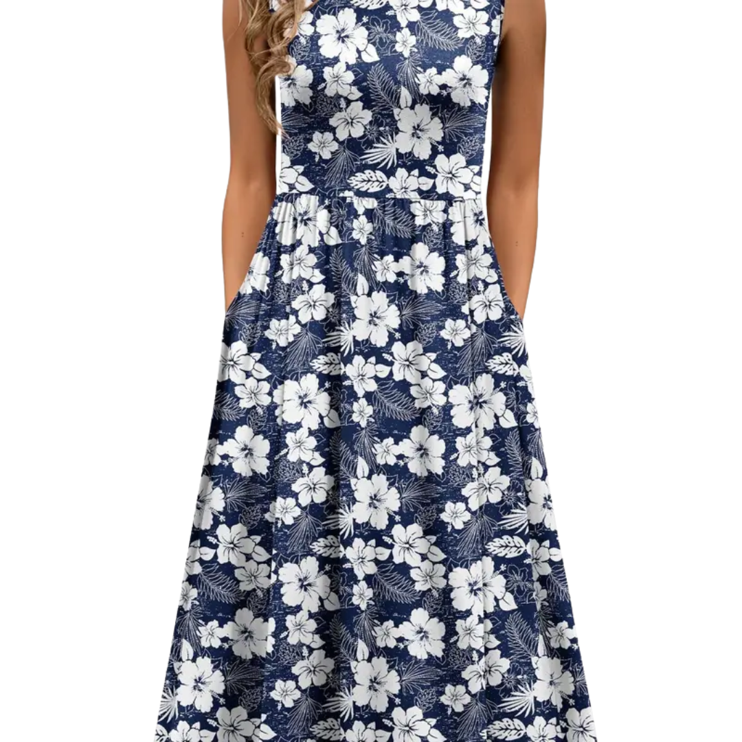 Crew Neck Sleeveless Floral Pocket Midi Dress 6