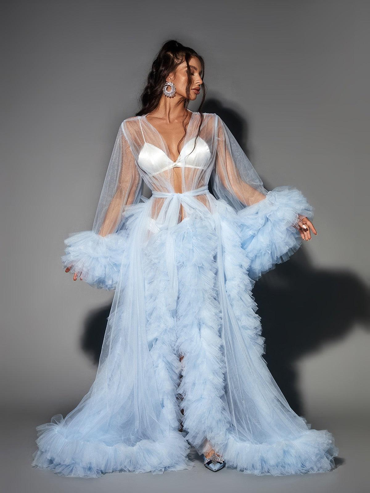 Nebula Long Sleeve Tulle Maxi Dress In Sky