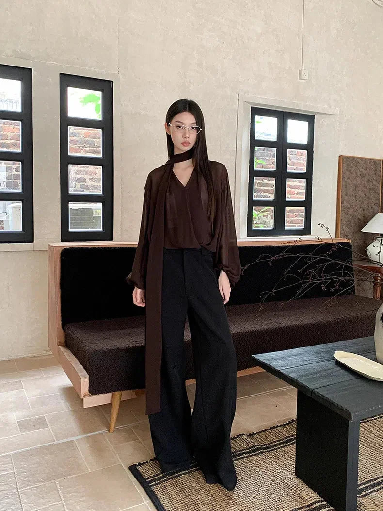 Neck Tie Sheer Mesh Blouse - Fashionpara