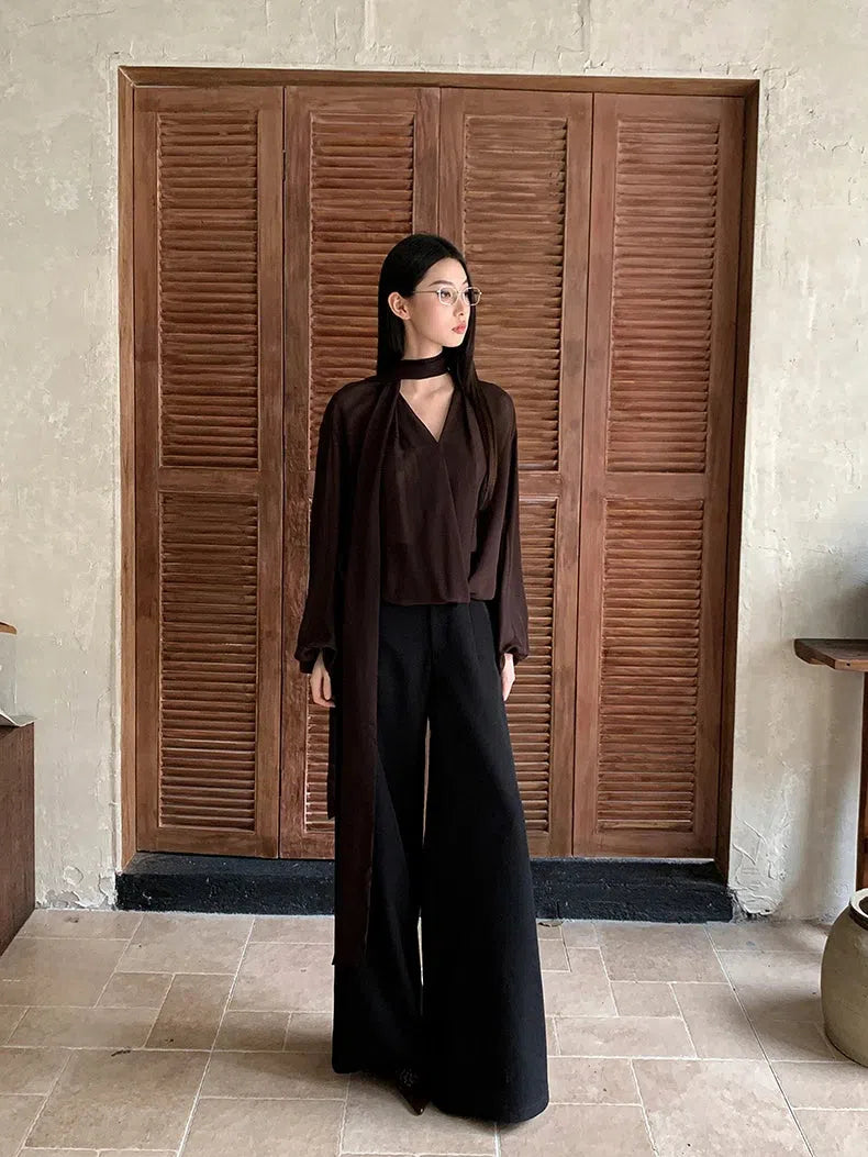 Neck Tie Sheer Mesh Blouse - Fashionpara