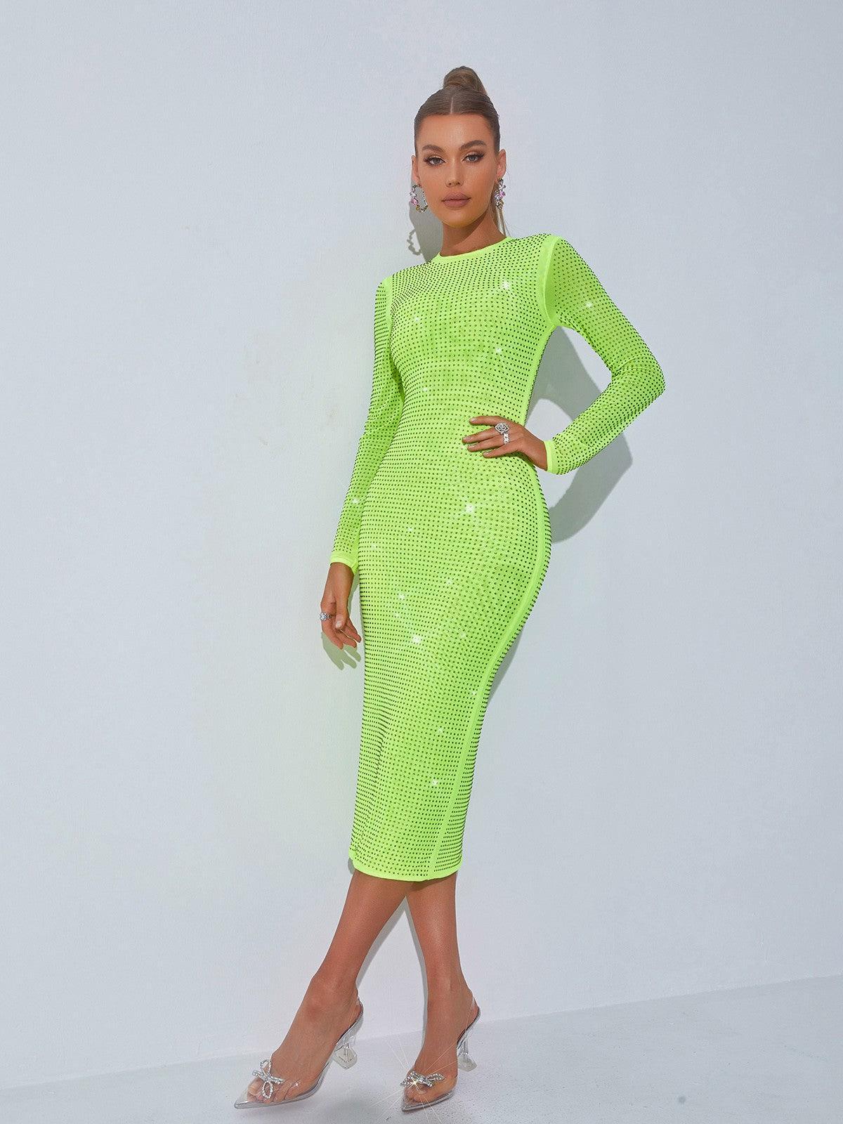 Rhinestone Mesh Long Sleeve Crew Neck Bodycon Midi Dress - View 2