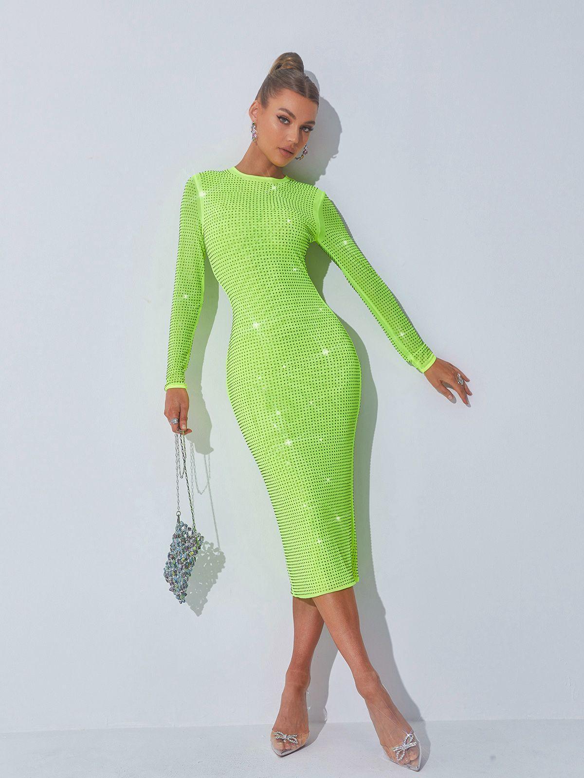 Rhinestone Mesh Long Sleeve Crew Neck Bodycon Midi Dress