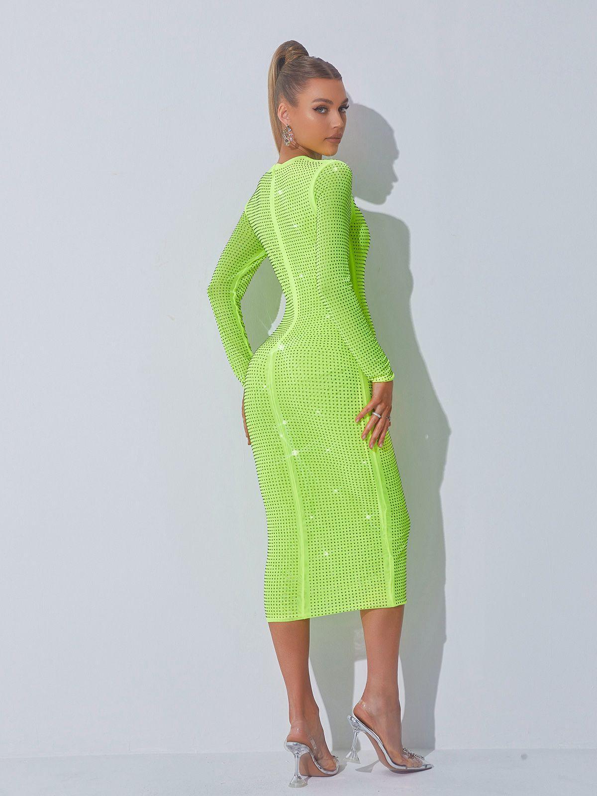 Rhinestone Mesh Long Sleeve Crew Neck Bodycon Midi Dress - View 6