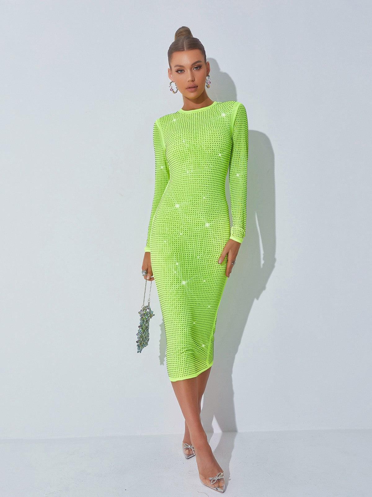 Rhinestone Mesh Long Sleeve Crew Neck Bodycon Midi Dress - View 5
