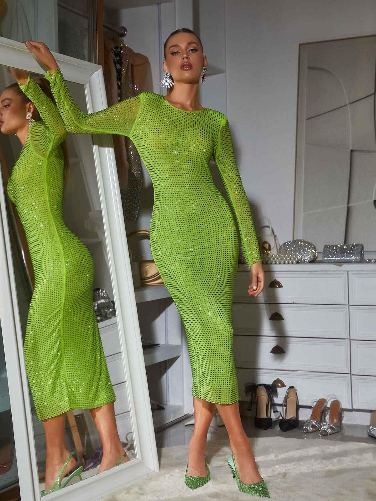 Crystal Crew Neck Long Sleeve Bodycon Midi Dress
