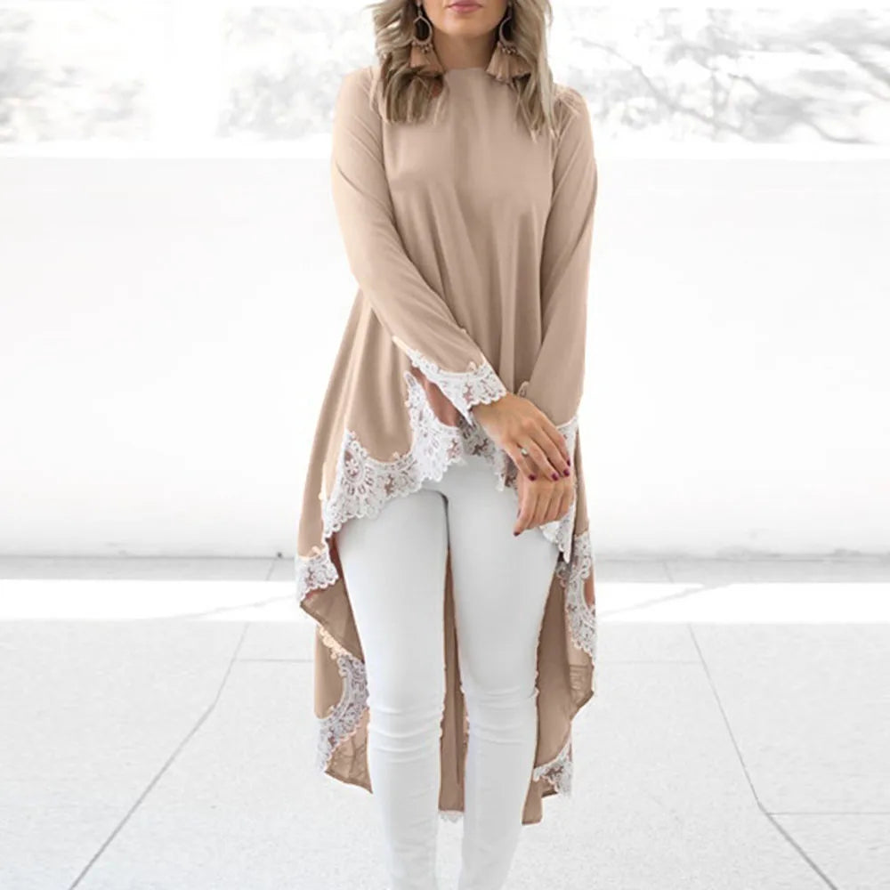 Round-Neck Long-Sleeve Lace-Trim High-Low Peplum Top 8
