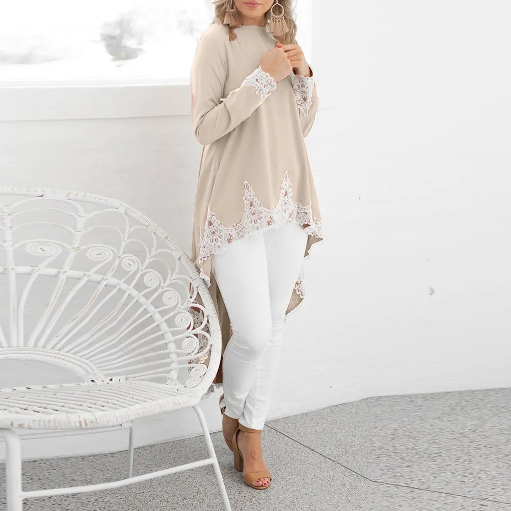 Round-Neck Long-Sleeve Lace-Trim High-Low Peplum Top 6