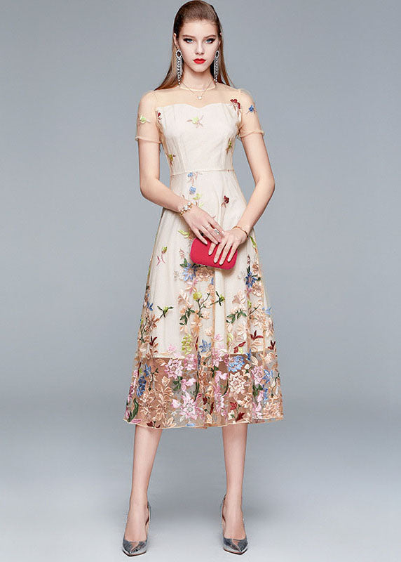Floral Embroidered Mesh Illusion Neckline A-Line Midi Dress