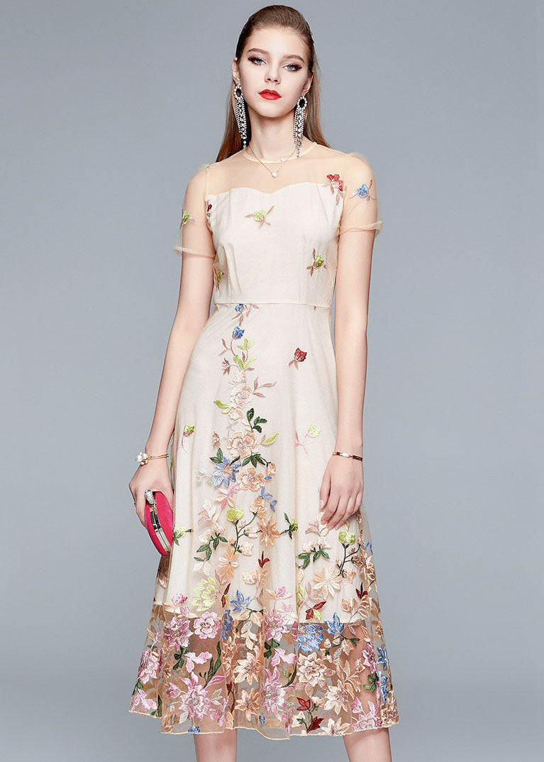 Floral Embroidered Mesh Illusion Neckline A-Line Midi Dress - View 2