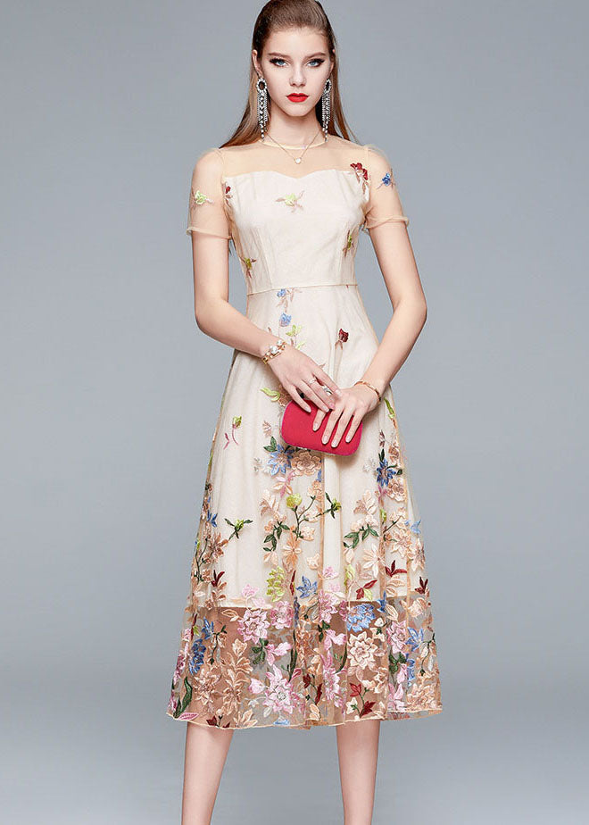 Floral Embroidered Mesh Illusion Neckline A-Line Midi Dress - View 3