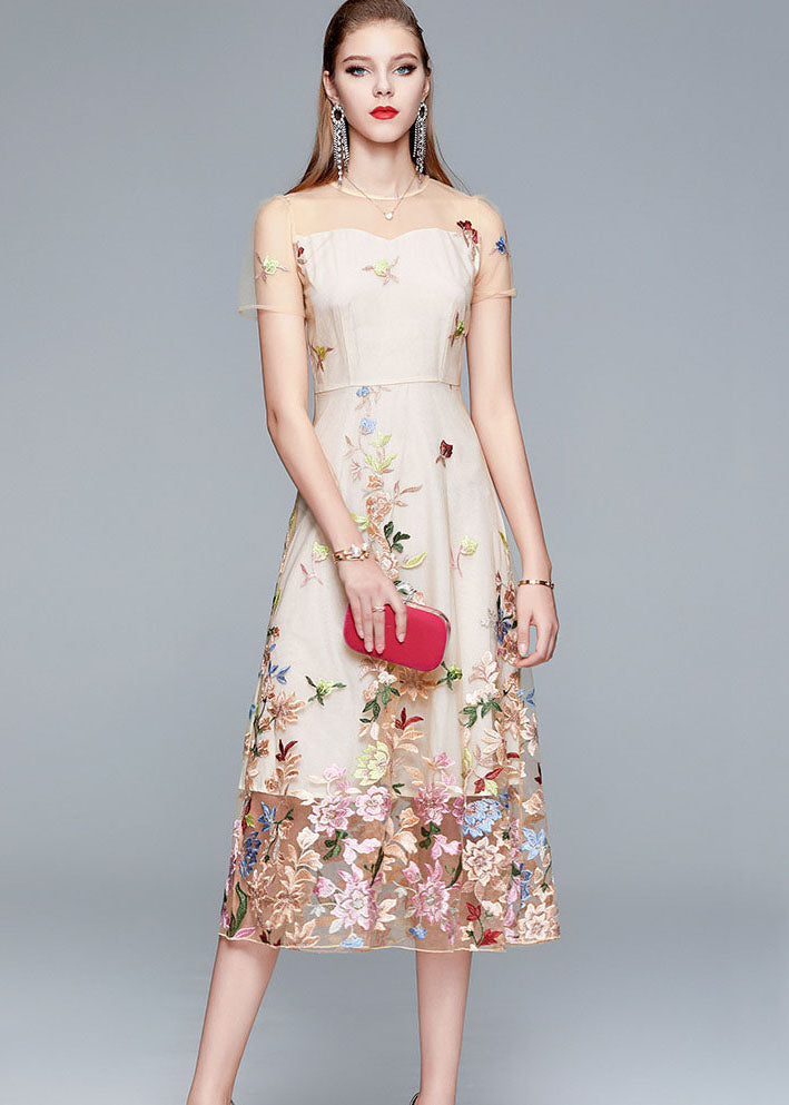 Floral Embroidered Mesh Illusion Neckline A-Line Midi Dress - View 4